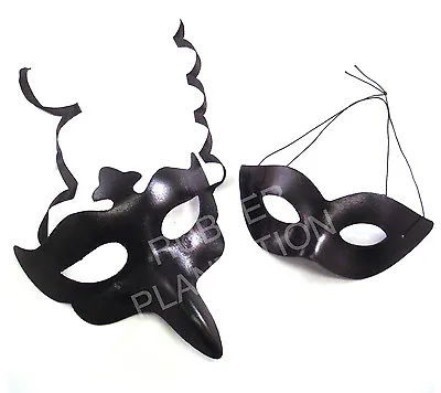 Black Leather Look Venetian Masquerade Masks Mens Womens His & Hers Halloween  • £4.99