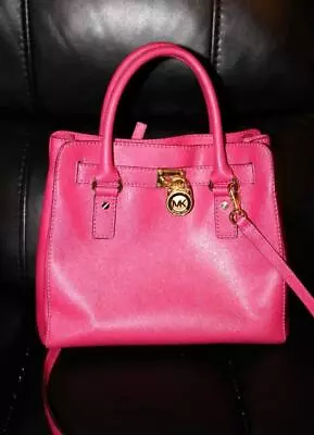 EUC MICHAEL KORS HAMILTON Saffiano Leather Handbag Medium Size Satchel Fuchsia • $54.99