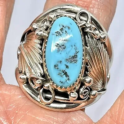 Navajo Natural Nugget Turquoise Mens Ring Sz 13 Leaf Feather Signed Sterling • $174.95
