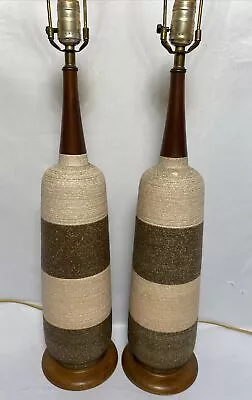 Vintage Pair Of Mid Century Ceramic & Wood Table Lamps Textured 35.5 H Pink • $199