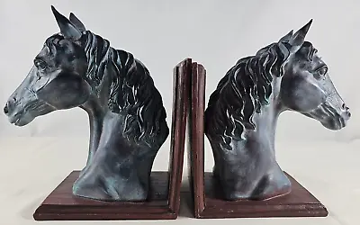 Horse Head Statue Bookends Copper-look Patina On Wood Style Base Vtg Look • $32.97