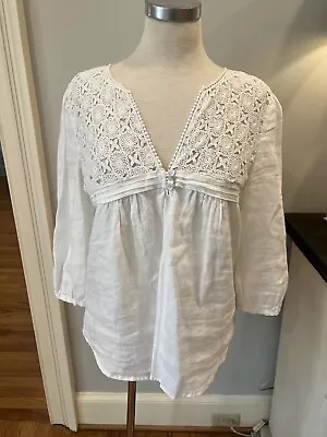 Malvin Germany I Love Linen Top Womens XS White 3/4 Sleeve Crochet Detail Boho • $19.99