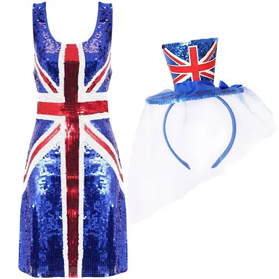 Royal Coronation Union Jack Dress & Fascinator Sequin Britain Fancy Dress • £24.99