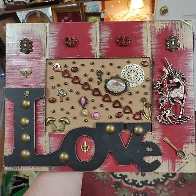 $75 • Buy Vintage Jewelry Mosaics Estate Mixed Media Art Valentine's Day Love Is A Fantasy