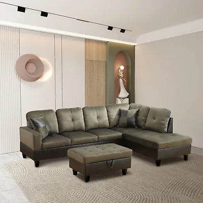 L-shape Flannel And PVC 3-Piece Couch Living Room Sofa Set With Ottoman • $676.08