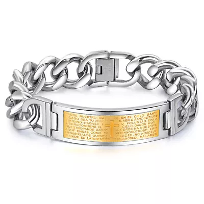 Men's Classic Bible Cross Link Stainless Steel Bracelet Chain Bangle Wristband • $10.44