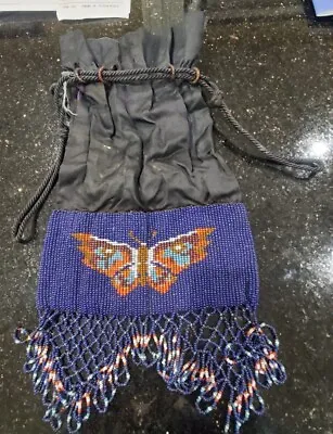 Vintage Micro Bead Beaded Butterfly And Silk Drawstring Purse • $50