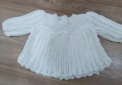 New Hand Knit Baby Girls Dress 3-6 Months White Shimmer • £9.99