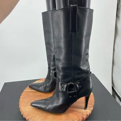 Manolo Blahnik Black Tall Leather Harness Stiletto Boots 38.5 8.5 Brass Hardware • $180