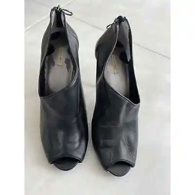 Max Studio Women Sz 8M Heels Open Toe Back Zip Asymmetric Leather Black FLAW • $28