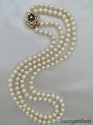 7k Vintage 14k Gold Diamond Rubies Clasp Saltwater Akoya Pearl 2 Strand Necklace • $5499