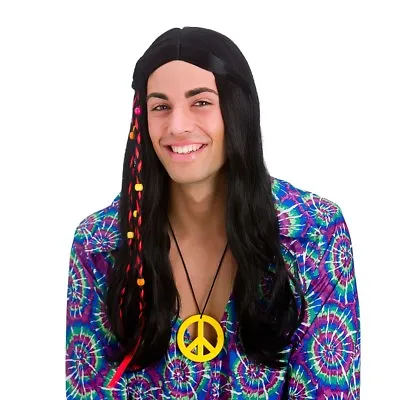£10.49 • Buy Black Hippie Hippy Wig 1960s Long 60s Accessory Mens Ladies Groovy New