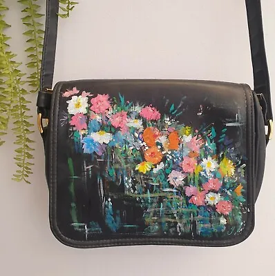 Hand Painted Upcycled Navy Leather Bag Clarks Abstract Floral Design 7x8.5x2.5  • £15.84