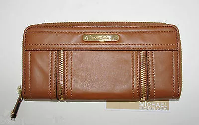 New Michael Kors Moxley Luggage/brown Leather+gold Continental Zip Clutch Wallet • $135.99