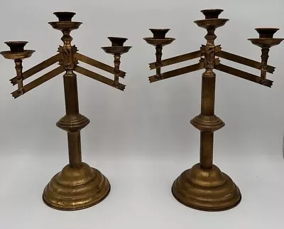 Vintage Pair Brass Candelabra Church Candle Holder With Adjustable Arms Set Of 2 • $159.45