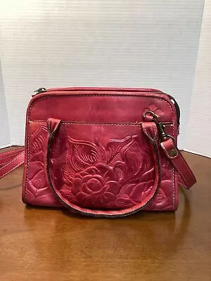 Patricia Nash Paris Red Italian Leather Tooled Satchel Purse Crossbody Bag • $44.79
