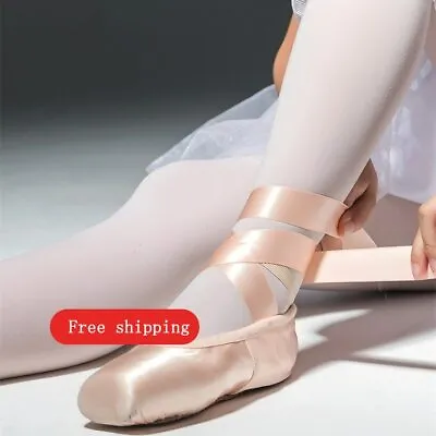 Girls Ladies Ballet Pointe Shoes Adult Professional Satin Ballet Shoes + Ribbon • $40.43