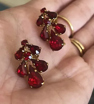 Vintage Ruby Red Crystals West Germany Earrings Screw On • $80