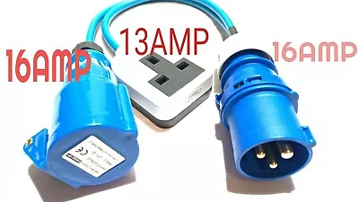 16 Amp To 16 Amp Sockets And 13amp Blue Splitter 240v Caravan Hook Up Power 16a • £19.90