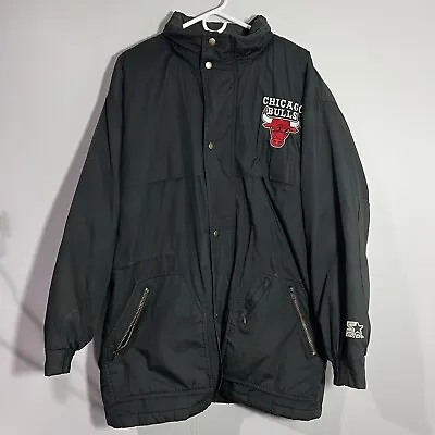 Vintage Starter Chicago Bulls Black Full Zip Snap Button Puffer Coat Mens Medium • $60