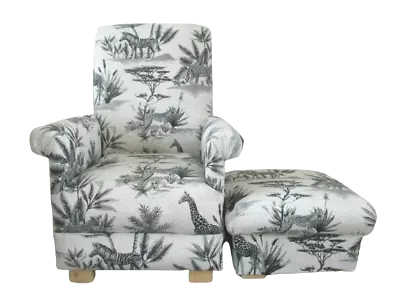 Fryetts Safari Animals Fabric Adult Chair & Footstool Armchair Pouffe Grey Black • £346.45