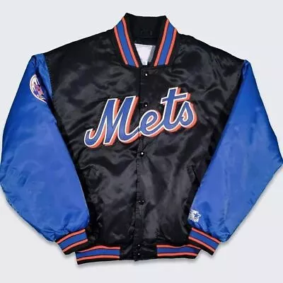 90’s New York NY Mets Men Varsity Black And Blue Vintage Snap Real Satin Jacket • $104.99