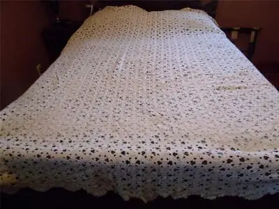 Vintage Hand Crochet Beige Bedpread Coverlet  94 X 80 Inches • $30