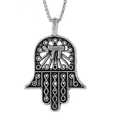 Sterling Silver Hamsa Hand Of God With Chai Pendant / Charm Italian Box Chain • £17.08