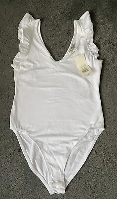 New Ladies Bodysuit Miss Selfridge White Frill Sleeve One Piece - Size 10  • £15