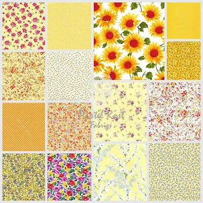 Rose & Hubble Yellow / Lemon Floral Fabrics 100% Cotton Poplin Half Metre FQ • £3.75