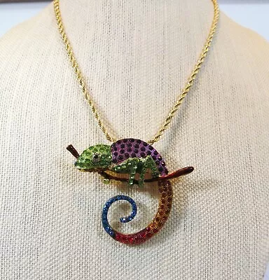 Chameleon Iguana Lizard Colorful Rhinestone Goldtone Brooch Pin Pendant Necklace • $29