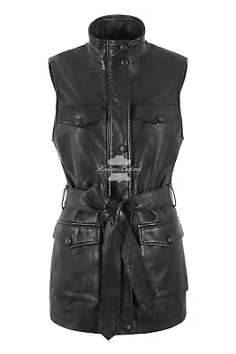 Ladies Trench Gilet Black Long Classic Style Waist Belted Vest Leather Waistcoat • £89.80