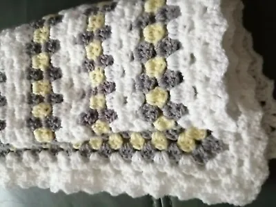 New Handmade Crochet Baby Unisex Multi Purpose Blanket Lemon/White/Grey. L@@K!  • £18.95