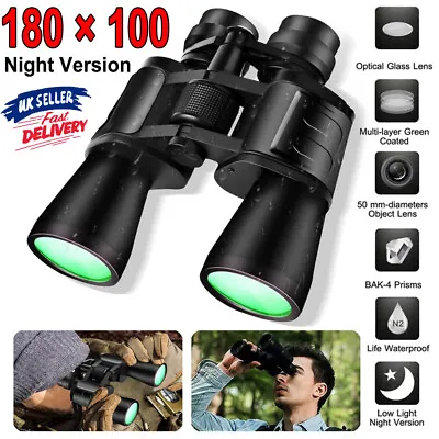 Day/Night 180x100 Military Zoom Powerful Binoculars Optics Hunting Camping+Case • £16.99