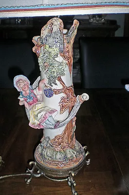  Majolica Girl In Hammock Lamp With Shade On Pedestal Base • $180