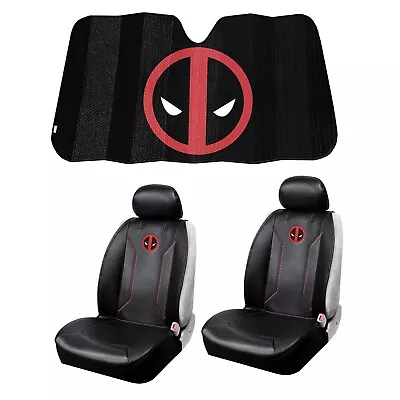 New MARVEL DEADPOOL Car Truck 2 Front Sideless Seat Covers & Windshield Sunshade • $74.94