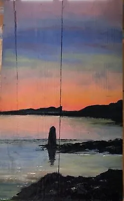 Original Acrylic Painting Seascape Ocean Scenery Sunset On Pallet Wood • £44.91