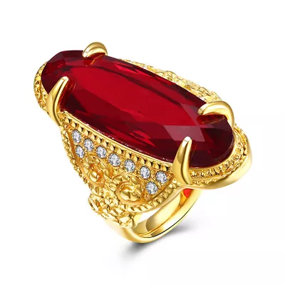 Stainless Steel Yellow Gold Plated Ring Men's Red Glass AAA Zirconia Stone B552 • $9.99