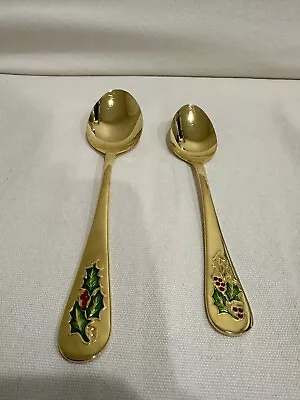 Holly Berry Flatware Gold Tone Tea & Soup Spoon Set Of 2 Japan Christmas Hostess • $14.95