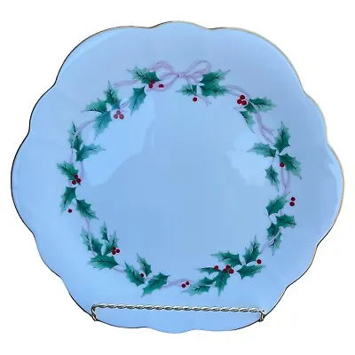 Mikasa Ribbon Holly Bone China Scalloped Cake Serving Plate 10-1/2  FX017 Japan • $13.49