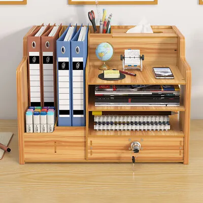 Wooden Office Desk Organiser Stationary Storage Home Tidy Storage Tabletop Stand • £18.99