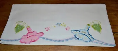 Vintage Single Pillowcase Pink  Blue Flowers Crochet Hand Embroidered Appliqued • $12.99