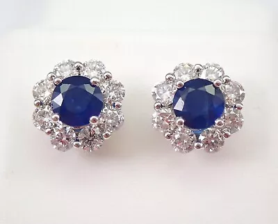 Sapphire And Diamond Halo Stud Earrings 18K White Gold Diamond Stud Earrings • $3895