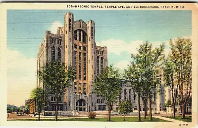 Postcard MI Masonic Temple Detroit Cass Park Temple Avenue Second Boulevard • $7.99
