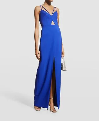 $195 Aidan Mattox Women's Blue V-Neck Waist Cutout Gown Column Dress Size 8 • $62.78