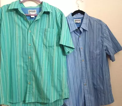 Haband Mens 2 Button Up Shirts Short Sleeve Green Blue Casual LARGE Cotton • $14.25