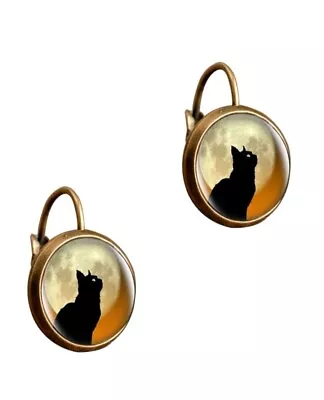 Vintage-style Moonlight Cat Earrings Glass Cabochon Jacket Copper Alloy Earrings • $15.99