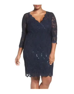 MARINA SEQUIN LACE SCALLOPED V-NECK NAVY SHEATH DRESS Sz XL • $63.99