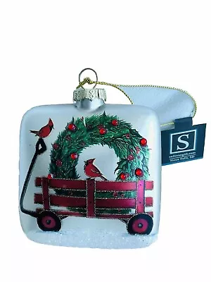 Sullivans Christmas Ornament Red Cardinal Wreath Wagon Glitter Crystal Glass NWT • $12