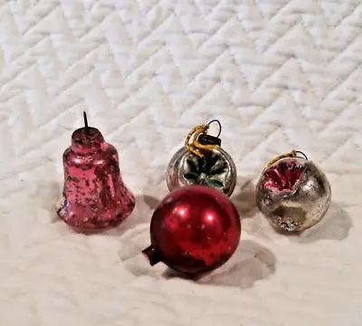 Vtg Miniature Glass Ornaments Lot Of 4 W/ 2 Indents 1 Bell And 1 Ball: Pastels  • $6.99